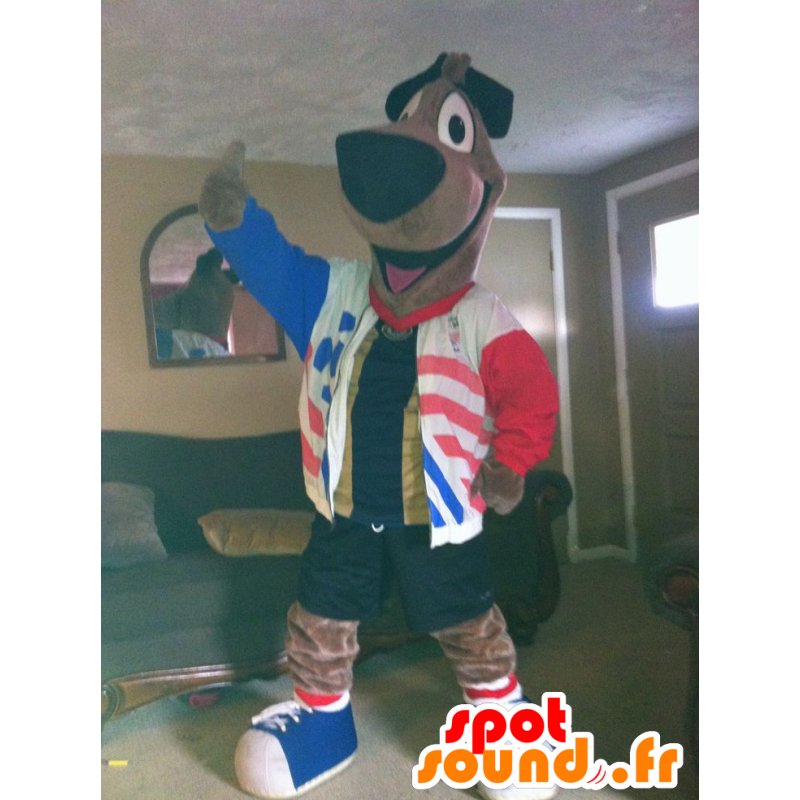 Mascotte de grand chien marron avec un blouson bleu, blanc, rouge - MASFR22302 - Mascottes de chien