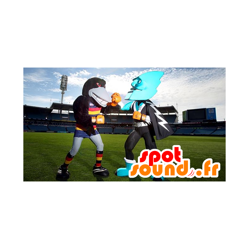 2 mascots, a raven and a very blue superhero - MASFR22314 - Superhero mascot