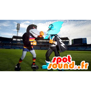 2 mascots, a raven and a very blue superhero - MASFR22314 - Superhero mascot