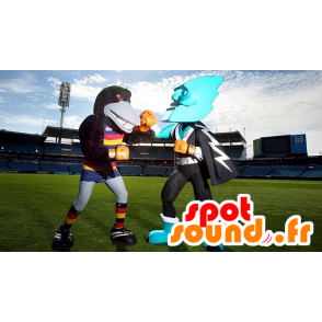 2 mascottes, een raaf en een zeer blauwe superheld - MASFR22314 - superheld mascotte