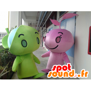 2 mascotte di verde e screpolature rosa, gigante - MASFR22316 - Umani mascotte