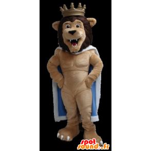 Leijonakuningas maskotti, jossa on viitta ja kruunu - MASFR22318 - Lion Maskotteja
