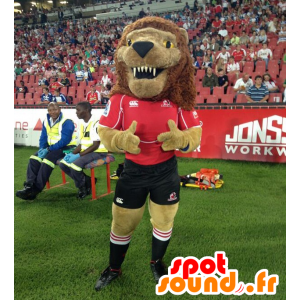 Brun løve maskot, brølende, svart og rød kjole - MASFR22323 - Lion Maskoter