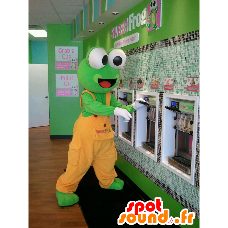 Green frog mascot, orange overalls - MASFR22324 - Mascots frog