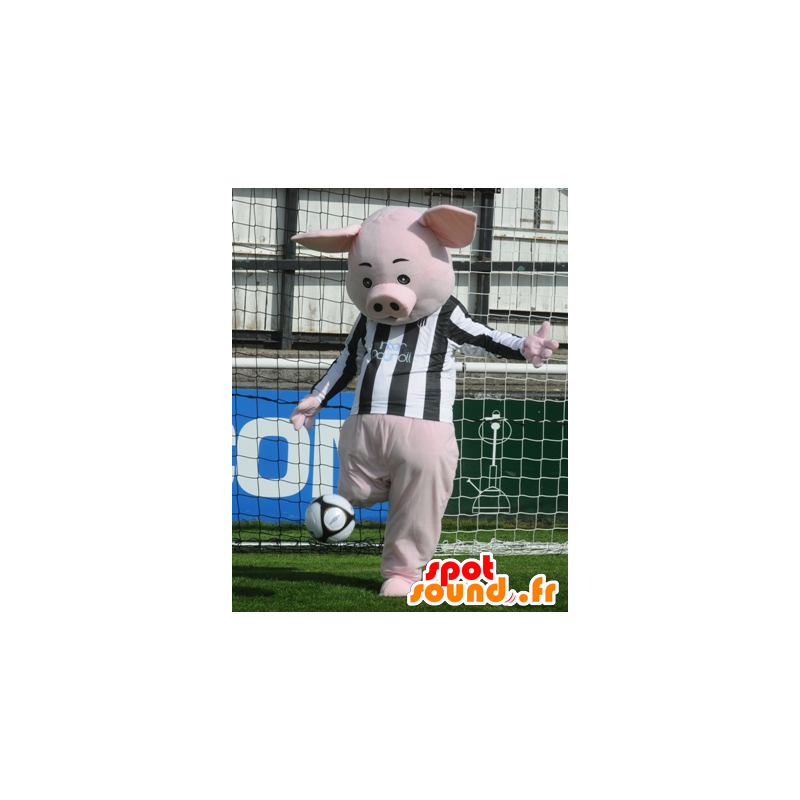 Mascotte de cochon rose avec un maillot noir et blanc - MASFR22326 - Mascottes Cochon