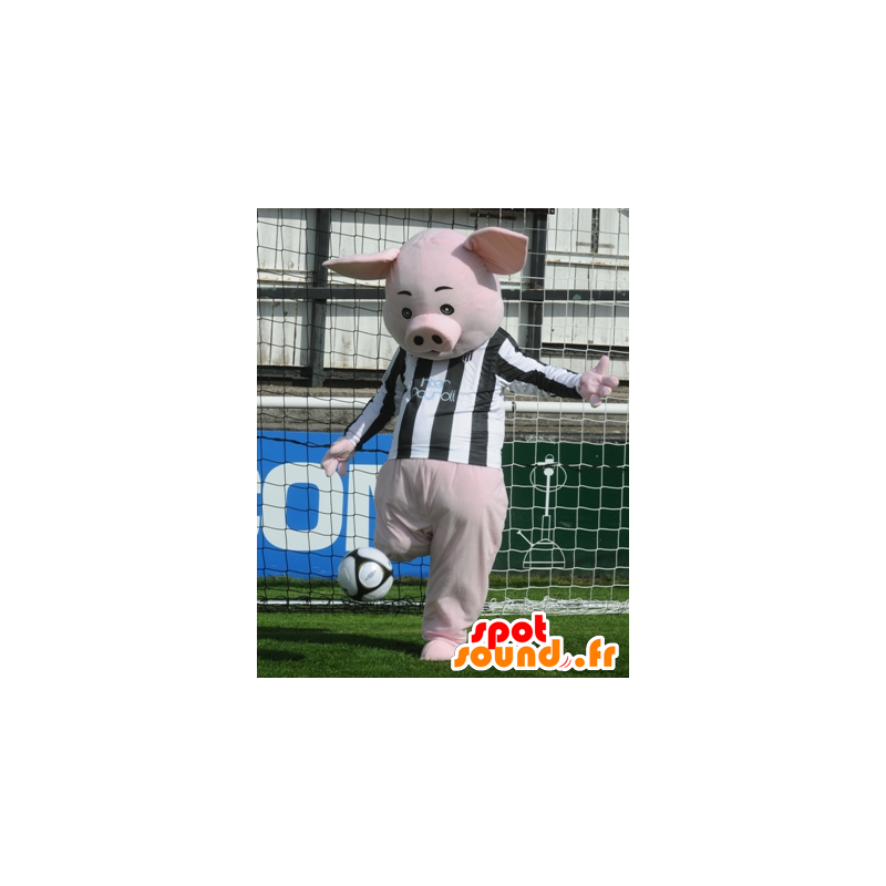 Pink pig mascot with a black and white jersey - MASFR22326 - Mascots pig