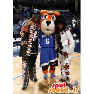 Mascotte de tigre sportif orange, blanc et noir, en tenue bleue - MASFR22329 - Mascottes Tigre