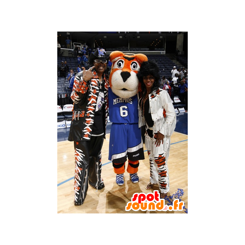 Mascotte de tigre sportif orange, blanc et noir, en tenue bleue - MASFR22329 - Mascottes Tigre Mascotte de tigre sportif orange, blanc et noir, en tenue bleue - MASFR22329 - Mascottes Tigre