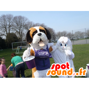 2 huisdieren, een tricolor St. Bernard en een wit konijn - MASFR22332 - Mascot konijnen