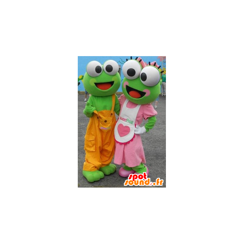 2 mascots green frogs in colorful outfit - MASFR22333 - Mascots frog