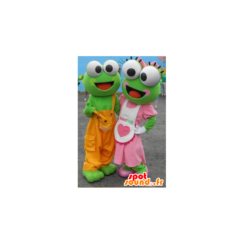 2 mascottes groene kikkers in kleurrijke outfit - MASFR22333 - Kikker Mascot