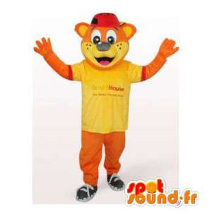 Bear mascot orange with a yellow t-shirt - MASFR006499 - Bear mascot