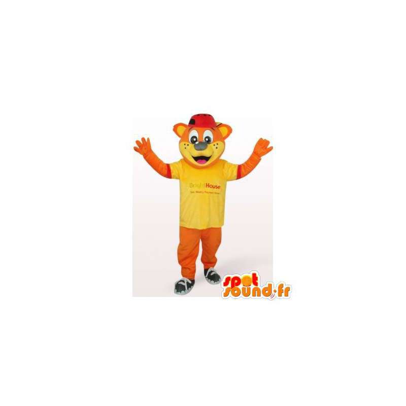 Bear mascot orange with a yellow t-shirt - MASFR006499 - Bear mascot