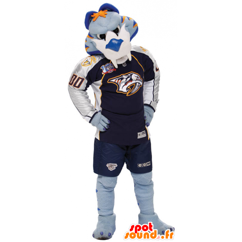 Mascotte de tigre bleu, blanc et orange en tenue de sport - MASFR22351 - Mascottes Tigre