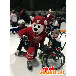 Polar bear mascot in red outfit Hockey - MASFR22354 - Bear mascot