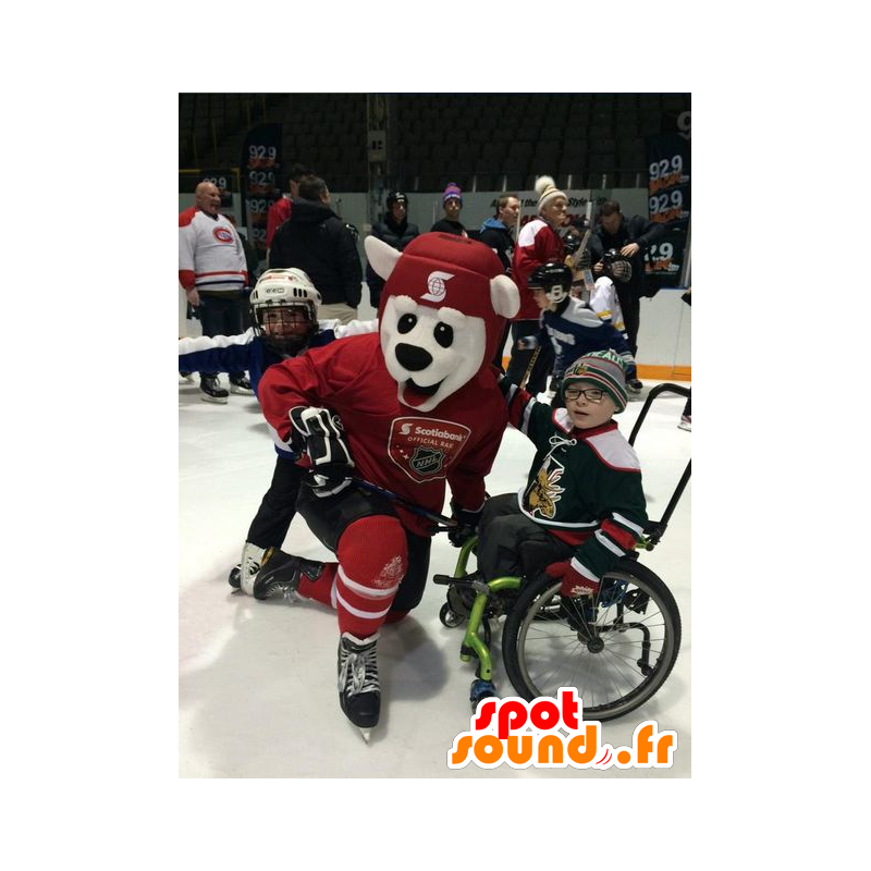 Mascotte d'ours blanc, en tenue rouge de hockey - MASFR22354 - Mascotte d'ours