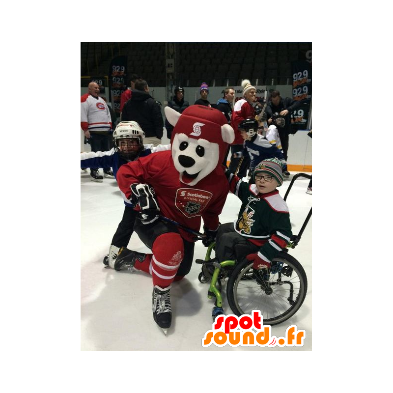 Polar bear mascot in red outfit Hockey - MASFR22354 - Bear mascot