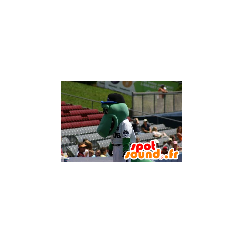 Grön krokodilmaskot, i vit hockeyklädsel - Spotsound maskot Grön krokodilmaskot, i vit hockeyklädsel - Spotsound maskot