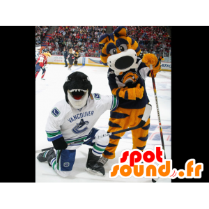 2 mascots, keltainen ja sininen tiikeri, ja orca, musta hai - MASFR22365 - Tiger Maskotteja
