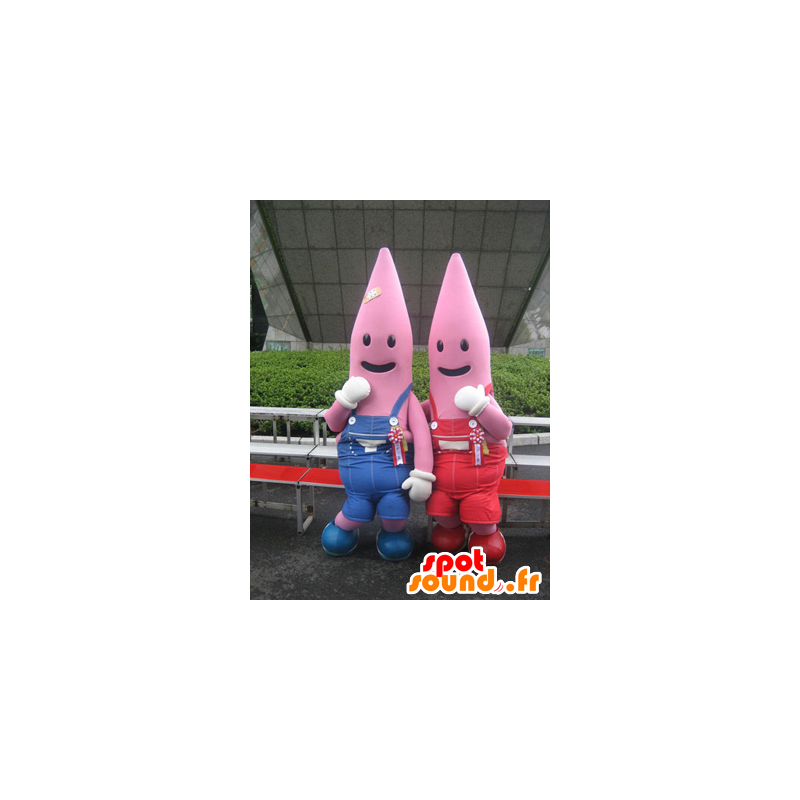 2 mascotes rosa, vestidos com macacões Starfish - MASFR22366 - Mascotes não classificados