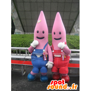 2 roze mascottes, gekleed in overalls zeester - MASFR22366 - Niet-ingedeelde Mascottes