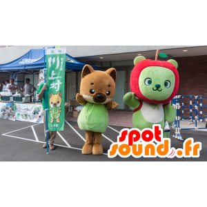 2 mascotes, uma raposa marrom, e um urso verde com uma maçã - MASFR22369 - mascote do urso