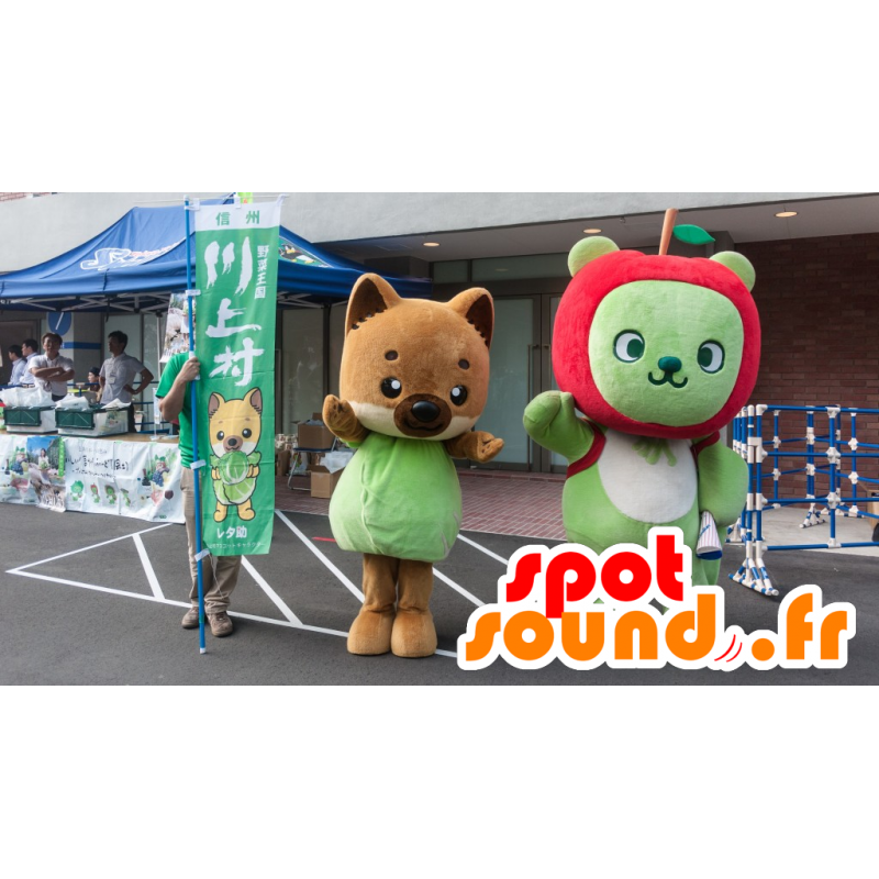 2 mascots, brown fox, and bear with a green apple - MASFR22369 - Bear mascot