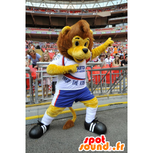 Bruin en geel leeuw mascotte, in sportkleding - MASFR22381 - Lion Mascottes