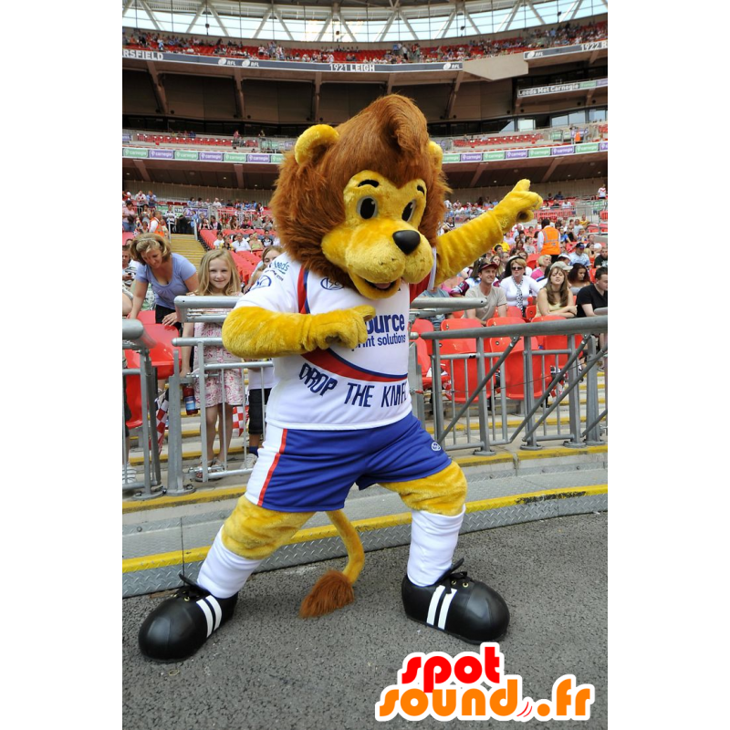 Mascotte de lion marron et jaune, en tenue de sport - MASFR22381 - Mascottes Lion