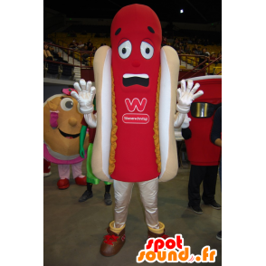 Cachorro-quente gigante mascote, vermelho e bege - MASFR22385 - Rápido Mascotes Food