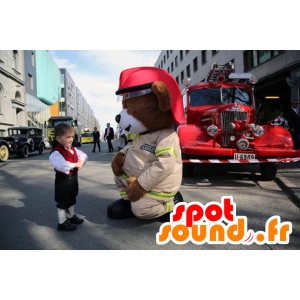 Stor brun nallebjörnmaskot i brandmanuniform - Spotsound maskot