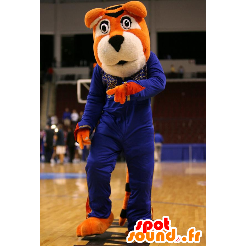 Orange and white tiger mascot in blue outfit - MASFR22391 - Tiger mascots