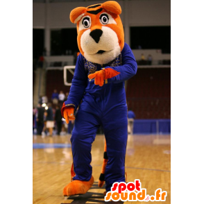 Orange and white tiger mascot in blue outfit - MASFR22391 - Tiger mascots