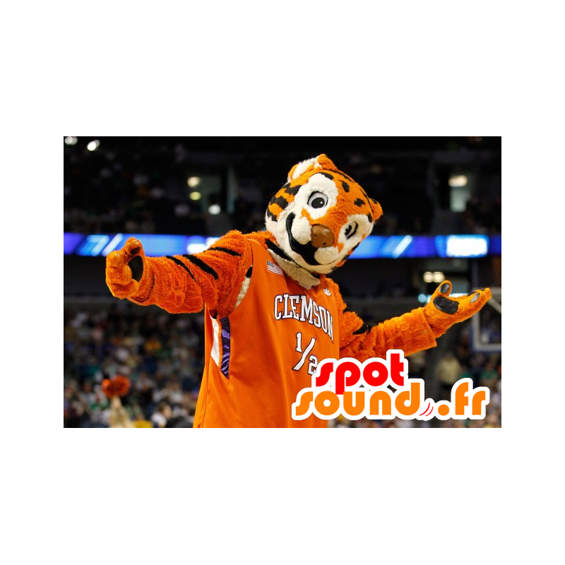 Tijger mascotte driekleur, oranje, zwart en wit - MASFR22392 - Tiger Mascottes Tijger mascotte driekleur, oranje, zwart en wit - MASFR22392 - Tiger Mascottes