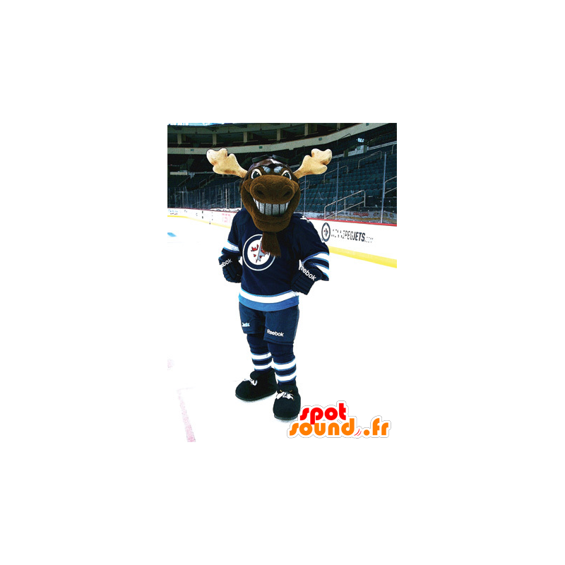 Brun renmaskot, karibu, i hockeyklädsel - Spotsound maskot Brun renmaskot, karibu, i hockeyklädsel - Spotsound maskot