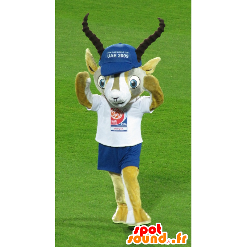 Yellow and white gazelle mascot in blue and white outfit - MASFR22400 - Animals of the forest