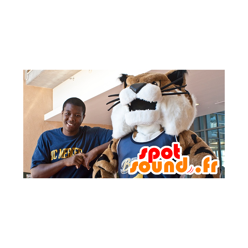 Bílá kočka maskot, hnědé a černé sportovní oblečení - MASFR22414 - Cat Maskoti Bílá kočka maskot, hnědé a černé sportovní oblečení - MASFR22414 - Cat Maskoti