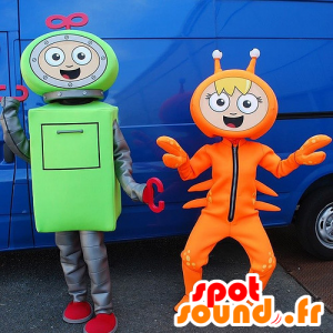 2 maskotar, en grön robot och en orange kräftor - Spotsound