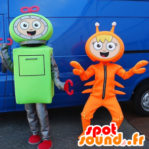 2 mascots, a green robot and an orange crayfish - MASFR22420 - Mascots of Robots