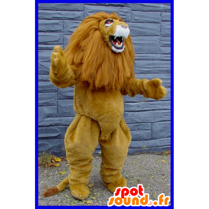 大きなたてがみを持つ茶色と白のライオンのマスコット-masfr22427-ライオンのマスコット