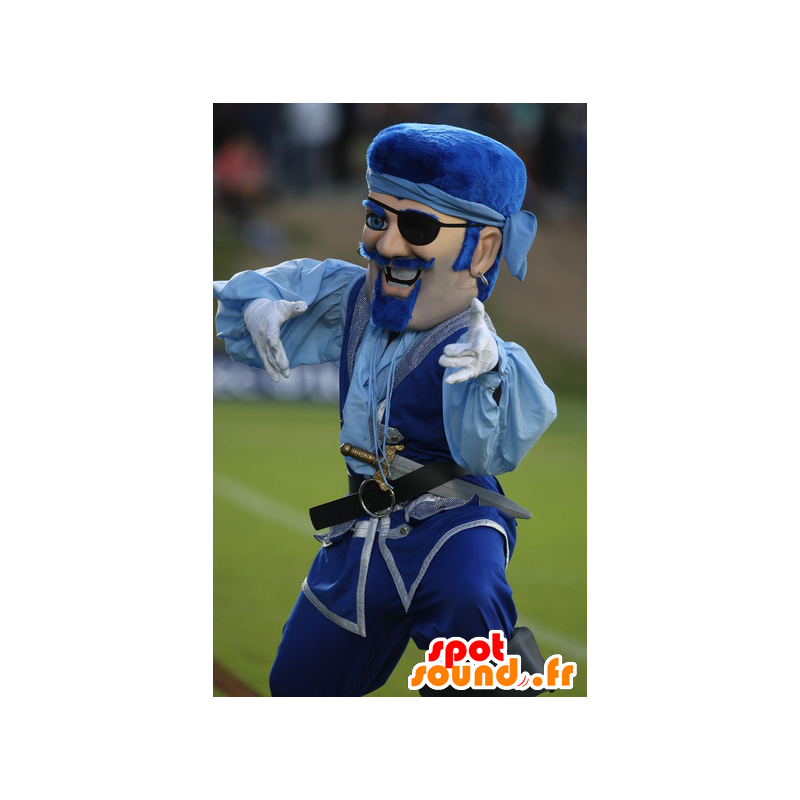 Mustache piratmaskot, i blåt tøj - Spotsound maskot kostume