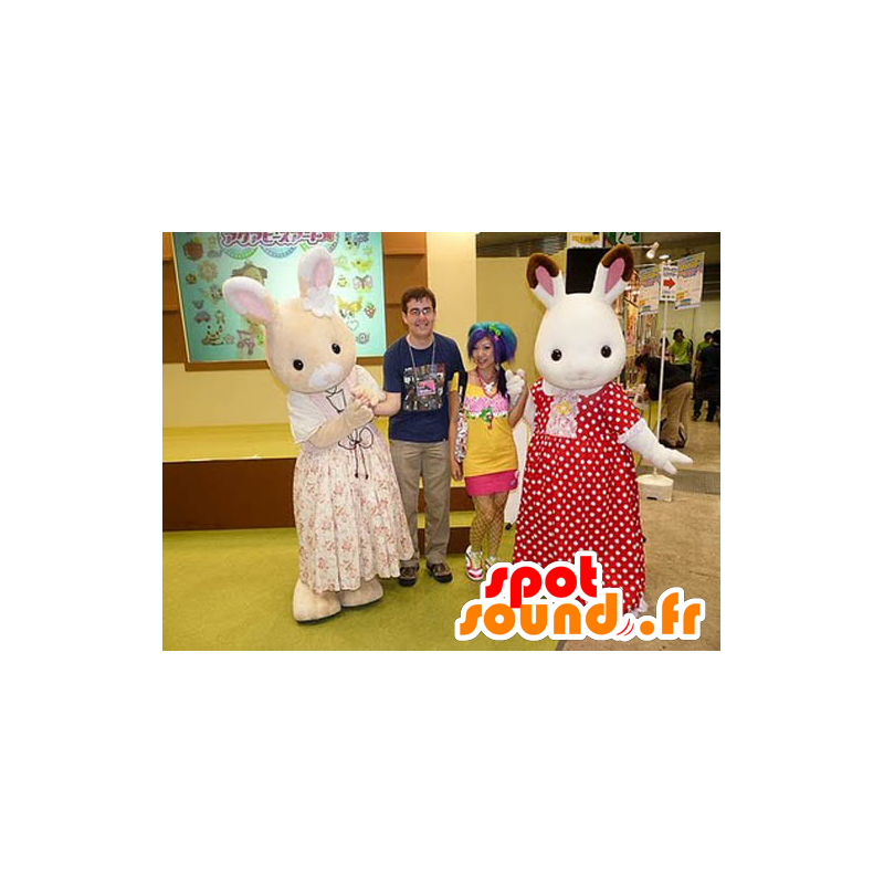2 Maskottchen weiß und beige Kaninchen, Kleid - MASFR22441 - Hase Maskottchen