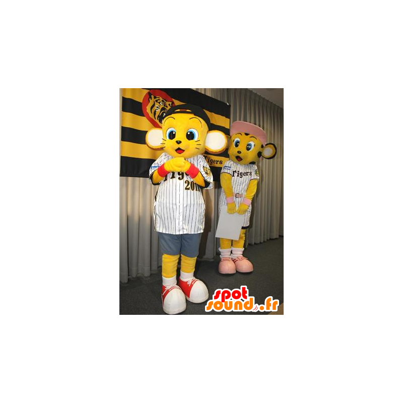 2 maskotter af baby gule tigre i sportstøj - Farveændring Ingen ændring Skære (180-190 Cm) Skitse før fremstilling (2D) Ingen Med tøjet? (hvis den findes på billedet) Ingen tilbehør Ingen