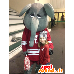 Mascot divertente grigio elefante, vestita di rosso sport - MASFR22443 - Mascotte elefante
