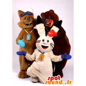 3 mascotes, gato castanho, um coelho branco e um urso castanho - MASFR22444 - mascote do urso