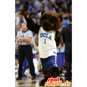 Mascota del oso marrón, vestido en los deportes blancos y azules - MASFR22445 - Oso mascota
