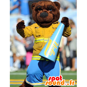 Mascot brown bear, dressed in white and blue sports - MASFR22445 - Bear mascot