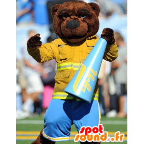 Mascota del oso marrón, vestido en los deportes blancos y azules - MASFR22445 - Oso mascota
