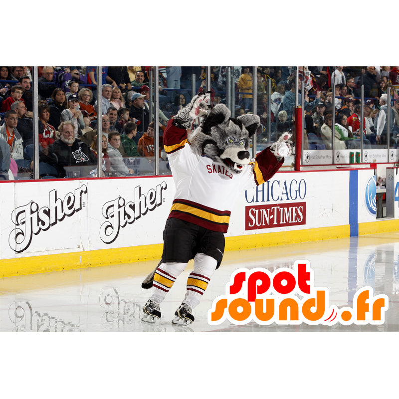 Grå vargmaskot, svartvitt, i sportkläder - Spotsound maskot Grå vargmaskot, svartvitt, i sportkläder - Spotsound maskot