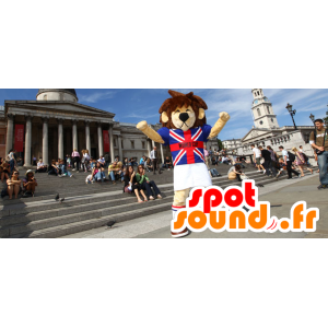 Mascot leeuw bruin en beige, met een Britse overhemd - MASFR22456 - Lion Mascottes